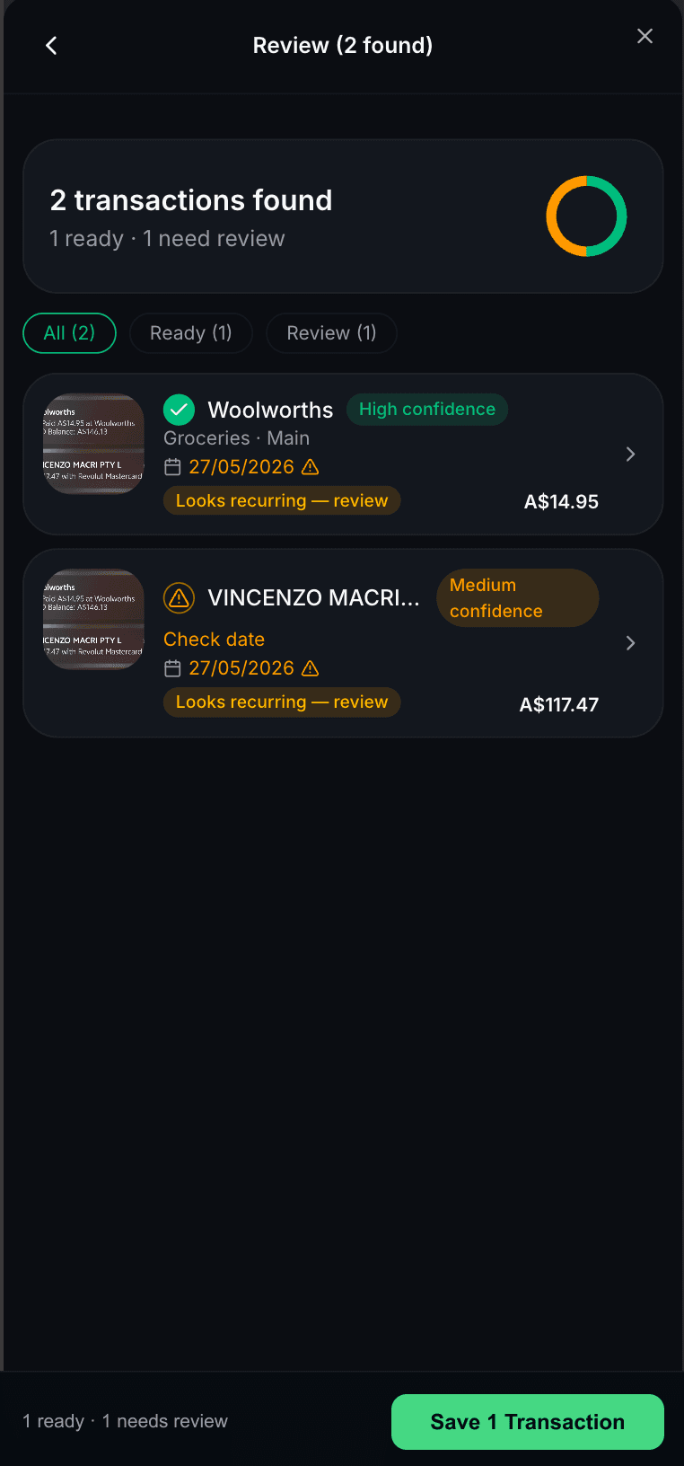 Scanned transactions ready to approve