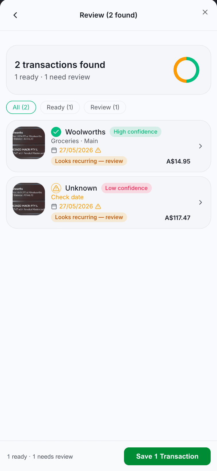 Scanned transactions ready to approve